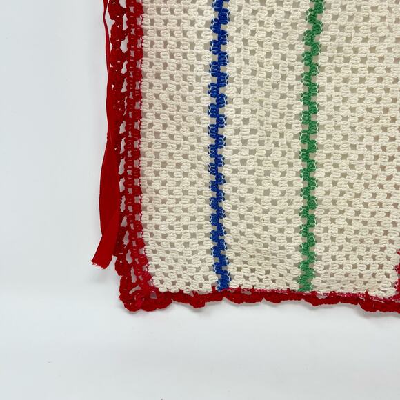 Vintage Off-White w/Red Blue Green Stripes‎ Hand Crochet Red Pocket Half Apron - Picture 3 of 6